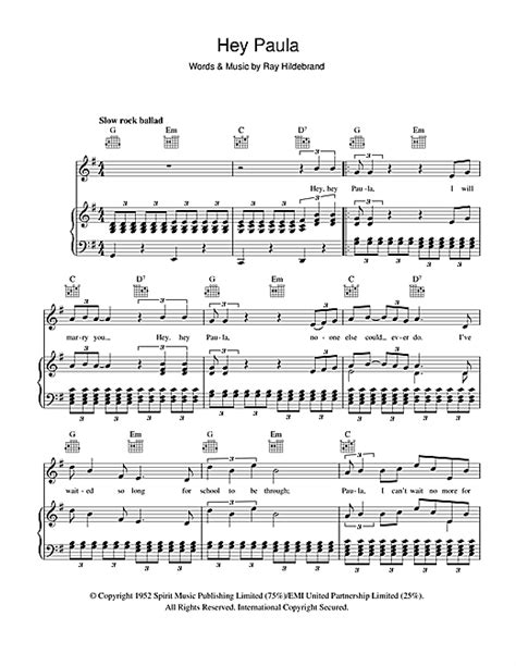 Hey Paula sheet music by Paul & Paula (Piano, Vocal & Guitar (Right-Hand Melody) – 103560)