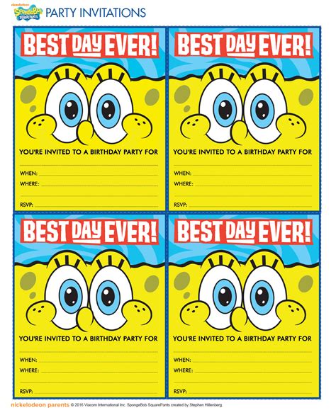 http://www.nickelodeonparents.com/spongebob-best-day-ever-party-invitations/ | Spongebob ...