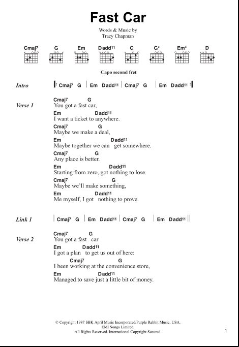 Fast Car - Guitar Chords/Lyrics | zZounds