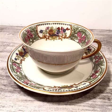 Vintage Limoges Tea Cup and Saucer Rare Teacup Gold handle