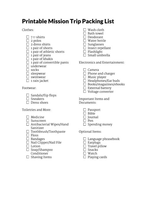 Mission Trip Packing List Template printable pdf download