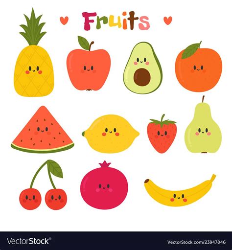 Cute hand drawn kawaii fruits. Healthy style collection. Flat style ...