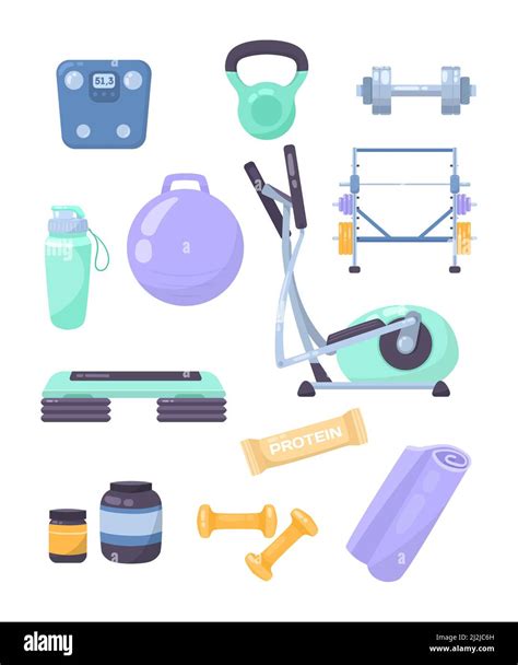 Equipment for gym workout cartoon illustration set. Aerobic ball, dumbbells, kettlebell, tap ...