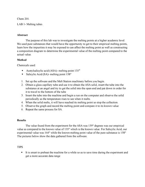 Chem 201 Lab 1 - This is the lab report for the melting point lab to figure out the melting ...