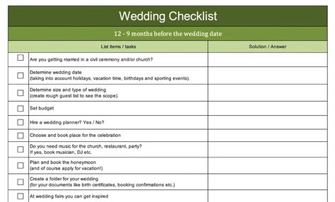 Wedding Task List Excel Template