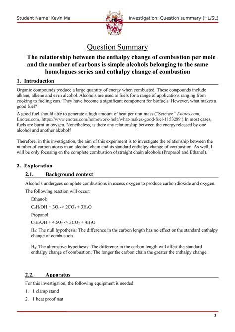 Lab report - standard enthalpy of combustion - Question Summary The relationship between the ...