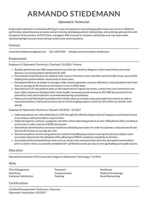 Optometric Technician Resume (CV) Example and Writing Guide