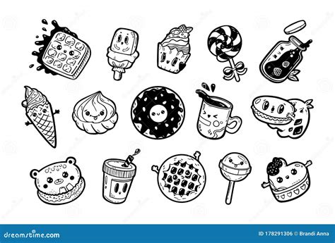 Set of Kawaii Cartoon Style Doodle Sweety Characters. Collection of ...