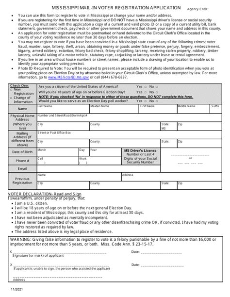 Mississippi Mail-In Voter Registration Application - Fill Out, Sign Online and Download PDF ...