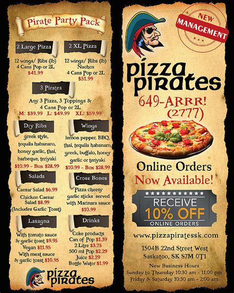 Pizza Pirates menu in Saskatoon, Saskatchewan, Canada