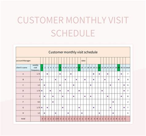 Customer Monthly Visit Schedule Excel Template And Google Sheets File For Free Download - Slidesdocs