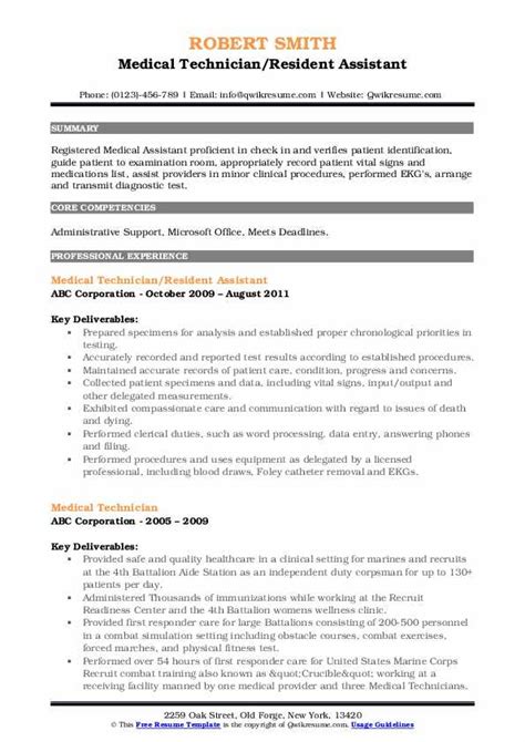 Medical Technician Resume Samples | QwikResume