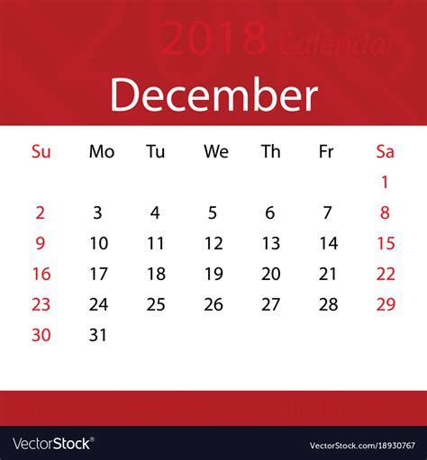 December 2018 calendar popular red premium Vector Image