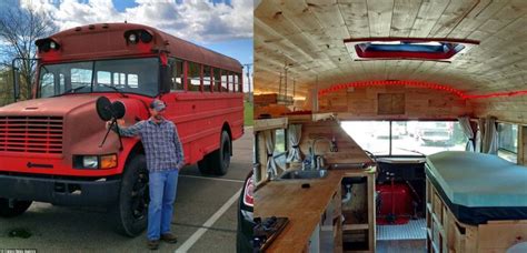 Pipe-Fitter Turns Red School Bus into Cozy Living Space on Wheels