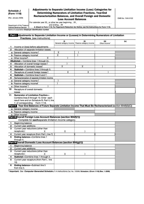 Fillable Schedule J (Form 1118) - Adjustments To Separate Limitation Income (Loss) Categories ...