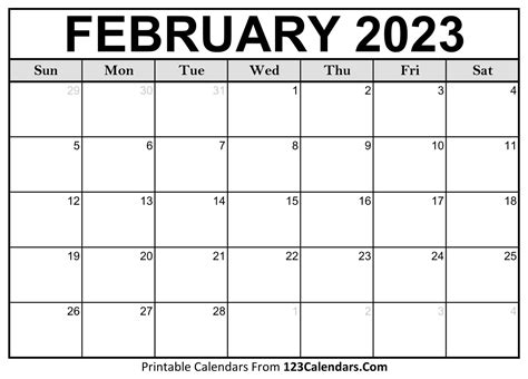 Printable February 2023 Calendar Templates - 123Calendars.com