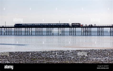 Southend Beach and Pier at low tide on a bright sunny summers day with ...