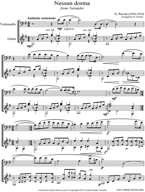 Puccini. Turandot Nessun Dorma Cello, Guitar classical sheet music