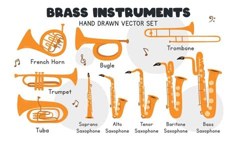 Brass instruments vector set. Simple cute trumpet, bugle, trombone, tuba, saxophone, fre ...