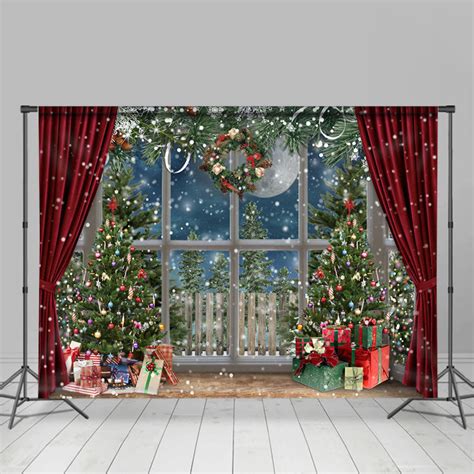 Lofaris Snowy Christmas Trees With Gifts Red Curtain Backdrop