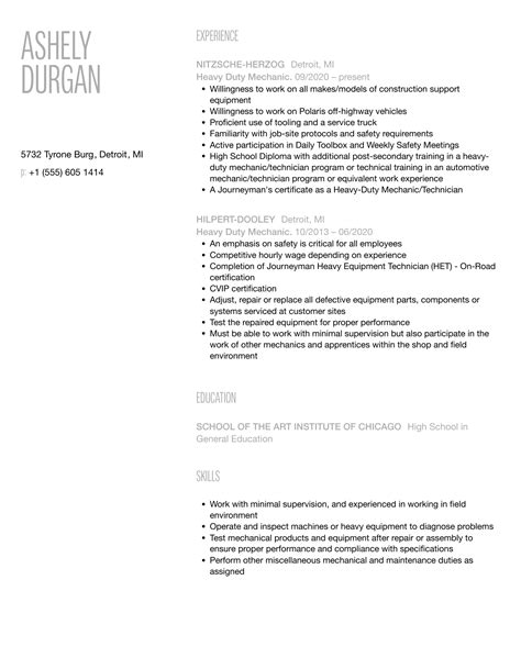 Heavy Duty Mechanic Resume Samples | Velvet Jobs