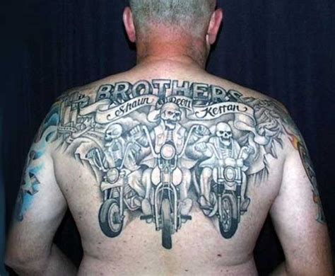 Big skeletons bikers on motorcycles tattoo on back - Tattooimages.biz