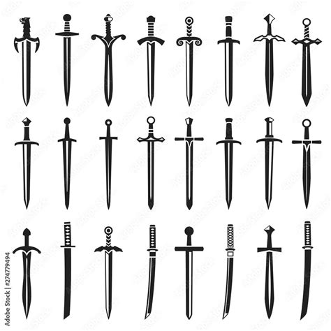 Obraz Swords in flat style and silhouettes isolated on white background. Icon set of ancient ...