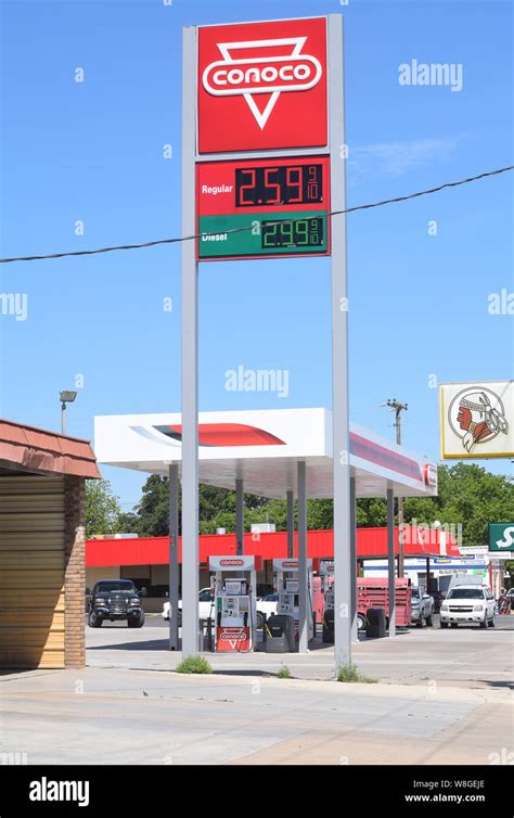 Gas prices on a Conoco Gas Station sign in the small town of Comanche ...