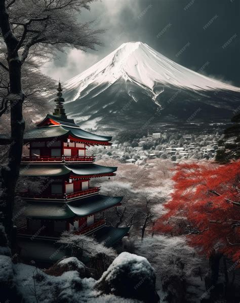 Premium AI Image | A snowy mountain with a japanese temple in the ...