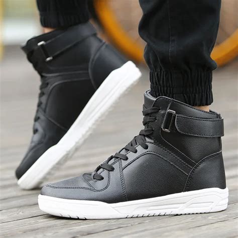 New 2016 High Top Men Casual Shoes PU Leather Fashion Black White Men Hip Hop Shoes Solid Flat ...