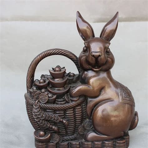 11" Lucky Chinese Pure Bronze Animals Lovely Rabbit Carry Wealth ...