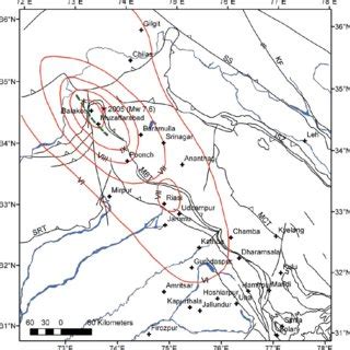 c). Isoseismal map of 8 October 2005 Muzaffarabad earthquake, Mw 7.6 ...