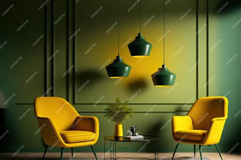 Premium AI Image | Lamps over a green wall a yellow armchair with coffee tables and a modern ...