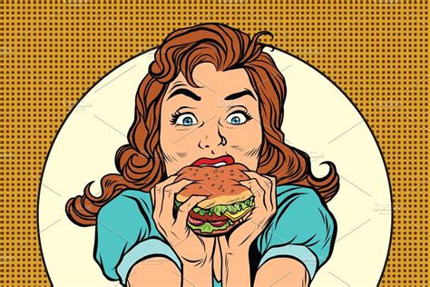 Young woman eating Burger | Retro comic book, Cute food drawings, Illustration