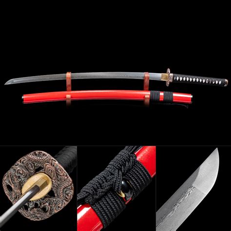 Handmade Pattern Steel Real Japanese Samurai Katana Sword With Red Scabbard And Dragon Tsuba ...