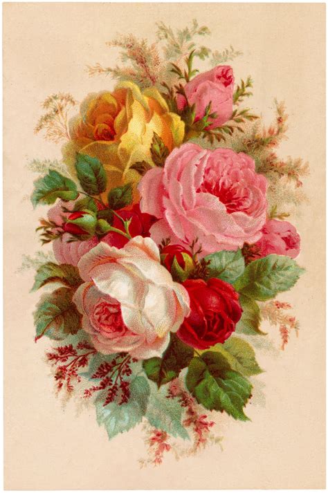 a bouquet of flowers is shown in this old fashion photo, with red and ...