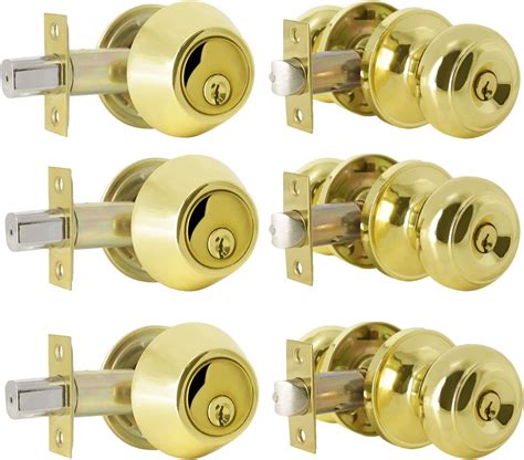 Probrico Polished Brass Entry Door Knob Lock Set and Double Cylinder Deadbolt Combination Set ...