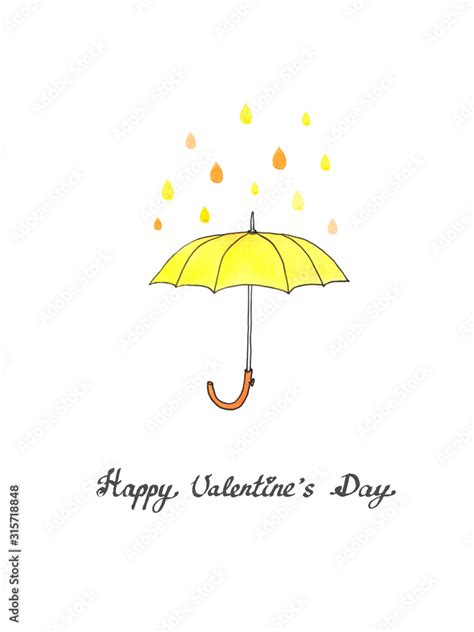 Open yellow umbrella with wooden handle and colorful rain drops and ...