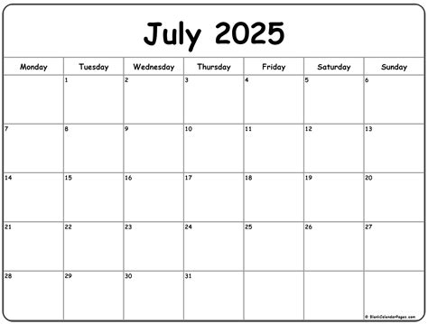 July 2025 Monday Calendar | Monday to Sunday