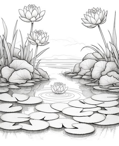 A drawing of a pond with lily pads and rocks generative ai | Premium AI ...