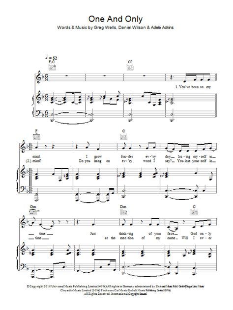 One And Only by Adele Sheet Music for Piano, Vocal & Guitar Chords at ...