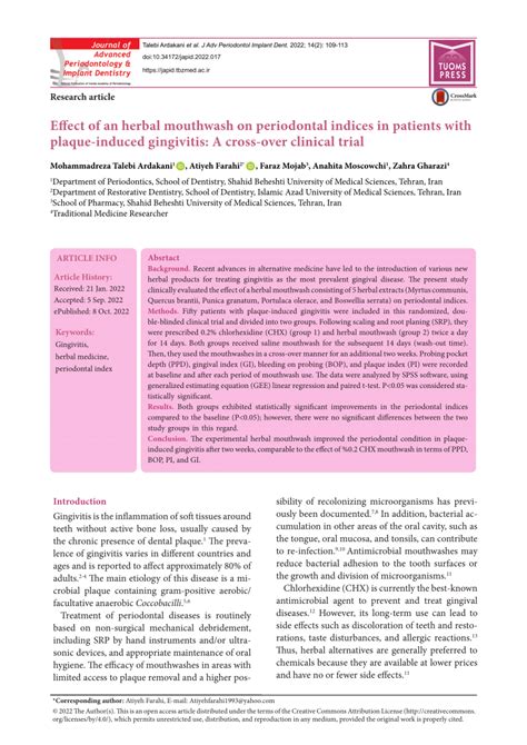 (PDF) Effect of an herbal mouthwash on periodontal indices in patients with plaque-induced ...