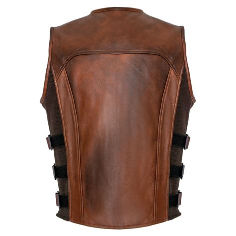 Brown premium perforated leather biker vest swat motorcyle