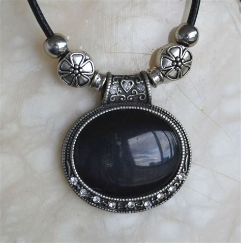 Black pendant necklace, Leather necklace, large pendant necklace (1079 ...