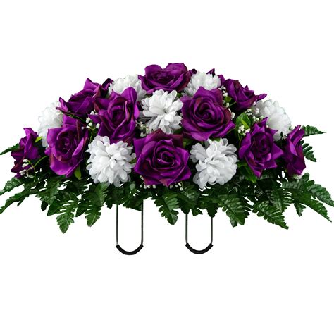 Sympathy Silks Artificial Cemetery Flowers Purple Open Rose with White Mum Saddle for Headstone ...