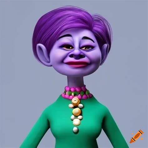 Cartoon meme troll character resembling an older female politician with a green dress and pearl ...