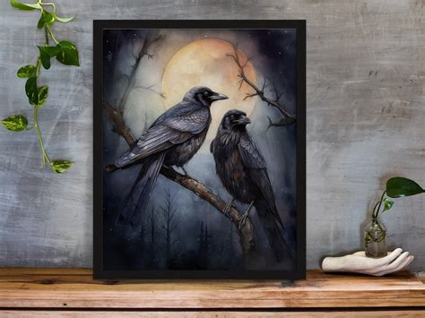 Digital Full Moon Crow Art Print Crow Gift for Her Dark Crow Art Print ...