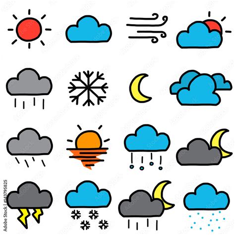 weather symbols, icons set / cartoon vector and illustration, hand ...