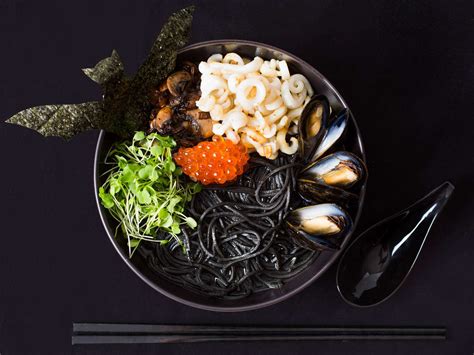 Seafood Ramen With Squid Ink, Mussels, and Salmon Roe Recipe