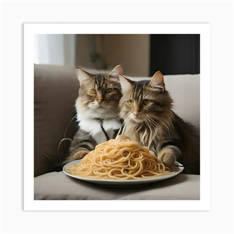 Cat Eating Spaghetti Art Print by WizardAI - Fy